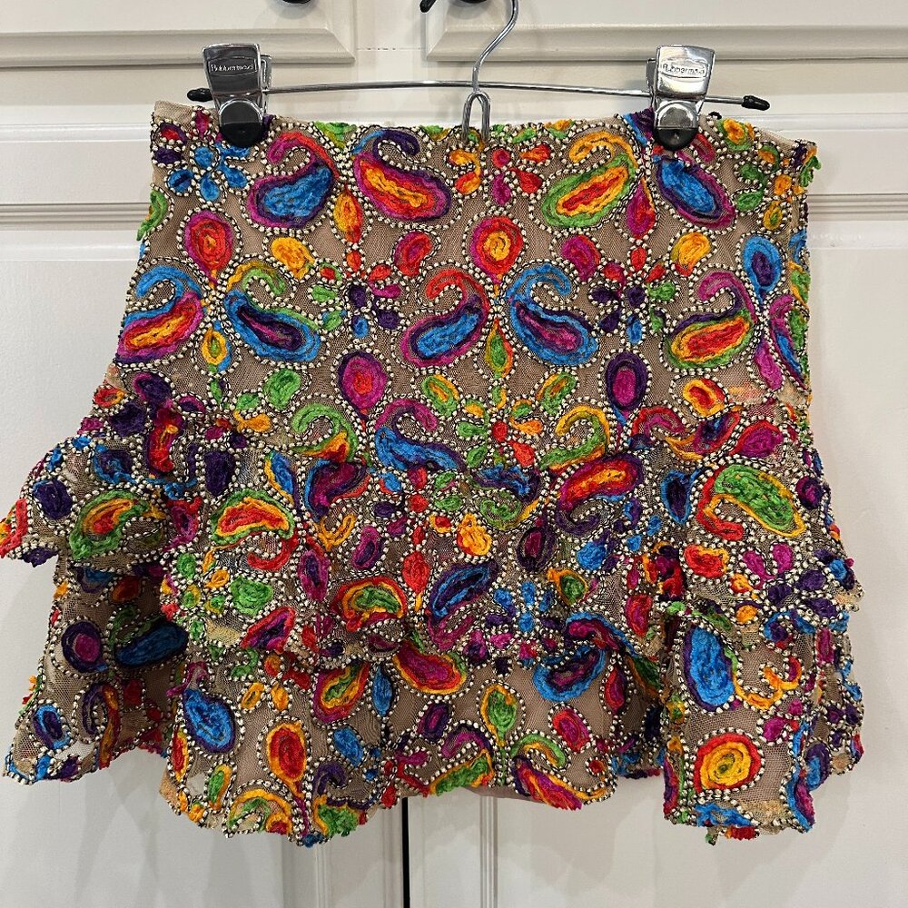 TULAROSA Womens Size M Multi Embroidered Paisley Floral Ruffled Tulle Mini Skirt